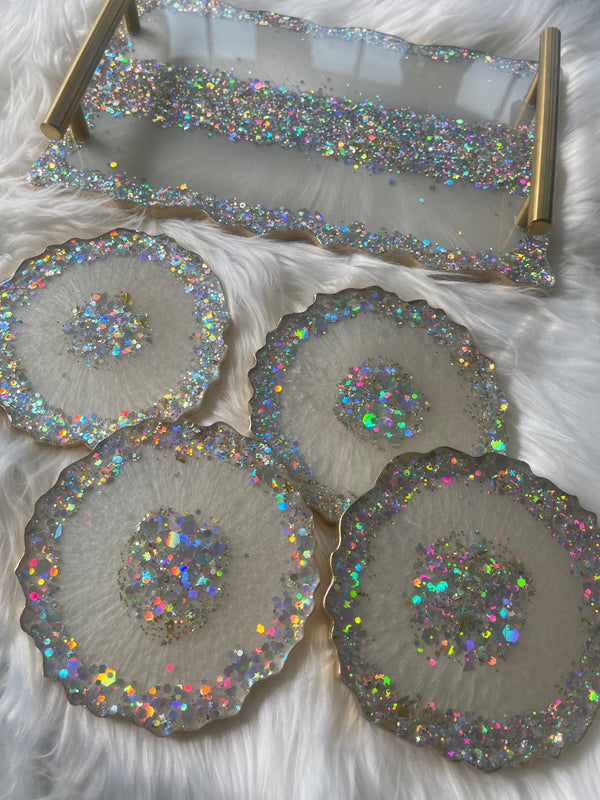 Large White and Gold Glitter Tray with 4 Coasters