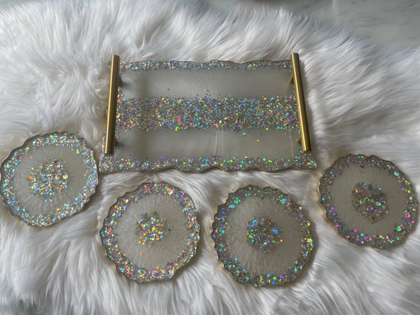 Large White and Gold Glitter Tray with 4 Coasters