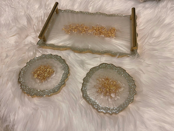 Silver and Gold Medium Resin Tray with 2 Coasters