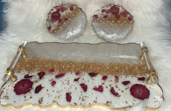 Large Pearl Rose Serving Tray with 2 coasters